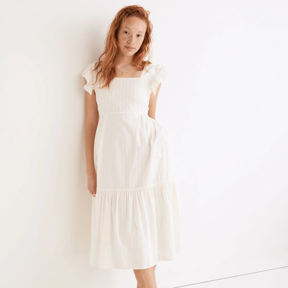 Ruffle-Strap Tiered Midi Dress in Textural Stripe